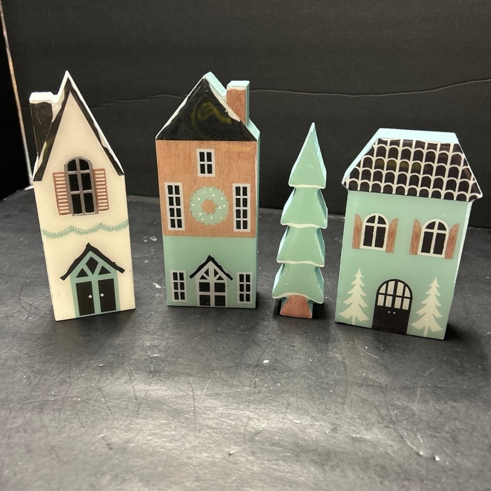 Holiday Wooden Village House and Tree Set - Mint and White